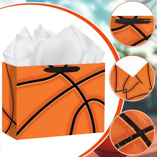 Hooqict Large Basketball Gift Bag Basketball Birthday Gift Wrap Bag with Handles, Tissue Paper, Greeting Cards for Kids Boys Men Sports Themed Goodie Treat Party Favors - color: Basketball