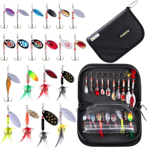 PLUSINNO Fishing Lures Spinner baits for Bass - 16/32 pcs Spinner Lures Kit with Portable Carry Bag, Hard Metal Spinner Baits for Trout - color: 20pcs spinner set with bag