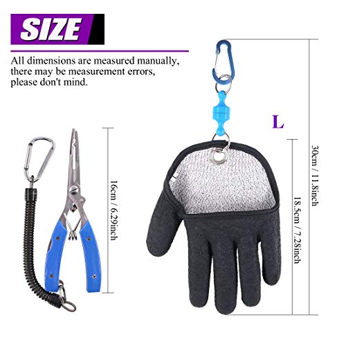 Swpeet 2Pcs Fishing Gear Set, Fisherman Professional Fishing Glove with Magnet Hooks Release and Fishing Pliers Cutters Split Ring Pliers Hook Remover Fish Holder Sheath Lanyard - color: Left, size: Large