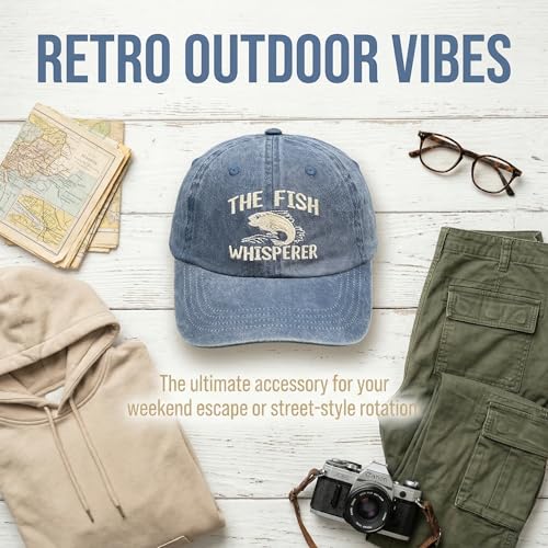 Fish Hats for Men Women,Funny Fishing Lover Gifts,Embroidered Washed Distressed Baseball Cap,Vintage Trucker Hat - color: Whisperer-blue