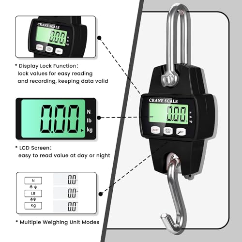 Digital Hanging Scale, 880lb/400kg Crane Scale, Handheld Digital Hanging Scale, Mini Crane Scale with LCD Display and Hooks, Aluminum Alloy Body for Hunting, Outdoor, Fishing, Farm (Black) - color: Black-880lb
