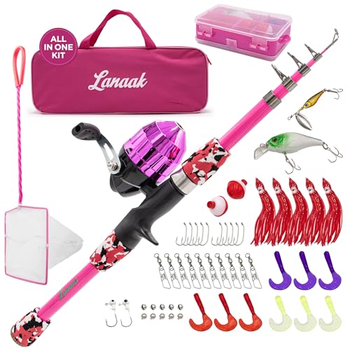 Lanaak Kids Fishing Pole, Kids Portable Telescopic Fishing Rod Set, Tackle Box and Fishing Net Combo Kit, Kids Fishing Gear for Boys and Girls Age 5-10 and Youth - color: Pink, size: 1.2m or 3.9FT