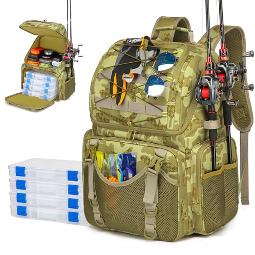 RUCYEN Fishing Backpack, 45L Large Cooler Fishing Tackle bag with Rod Holders & Rain Cover, Water-resistant Store Gear (Khaki Camo(With 4 Tackle Boxes)) - color: Khaki Camo(with 4 Tackle Boxes)