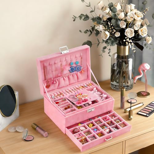 QBestry 3-Layer Jewelry Box for Girls & Teens with Lock and Key, Large Jewelry Organizer with 8 Necklace Hooks & 56 Earring Holes, Pink Velvet Jewelry Storage Box for Necklaces Earrings Rings Bracelet - color: Pink
