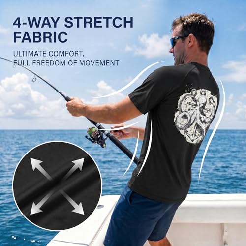 Riverruns Men's Fishing Shirt Short Sleeve UPF 50+ UV Sun Protection T-Shirt Rash Guard Swim Shirt #1024 - color: Black / Octopus, size: Small
