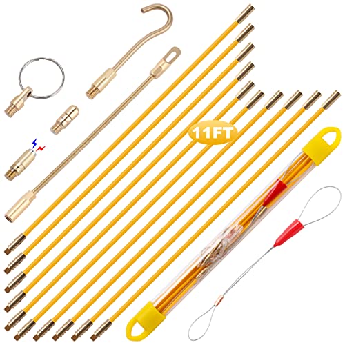 11' Fiberglass Running Electrical Wire Cable Pulling Fish Tape Kit with 5 Different Attachments and Fish Tape Tool in a Carrying Case - size: 11FT-10 Rods