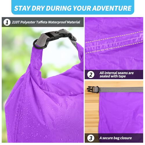 Dry Bag Set, Waterproof Small Lightweight Dry Bags for Paddle Board Kayaking, Fishing, Camping(Purple, 2L+5L+10L) - color: Purple, size: 2+5+10L