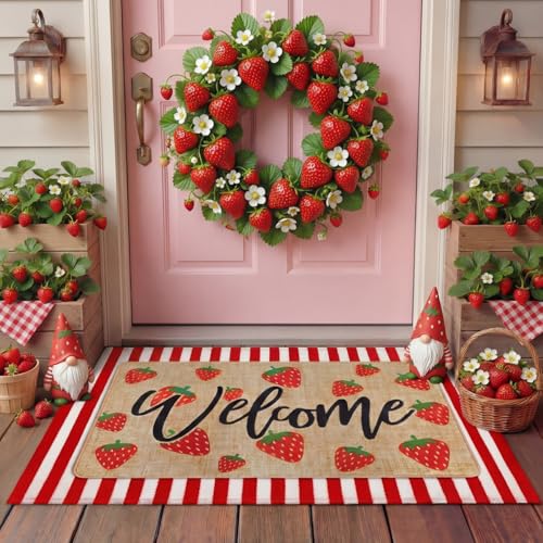 Tinideya 2 Pcs Strawberry Layered Door Mats Outdoor Cute Summer Strawberry Welcome Front Door Rugs Non Slip Floor Mats for Porch Entryway Outdoor - size: 16 x 28 Inch,24 x 35 Inch, style: Strawberry