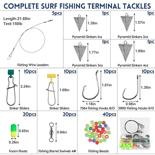 129pcs Surf Fishing Tackle Kit Fish Finder Rig Surf Fishing Rigs Include Pyramid Sinker Weights Sinker Slider Wire Leaders Hooks Swivels Beads Foam Floats Saltwater Fishing Accessories