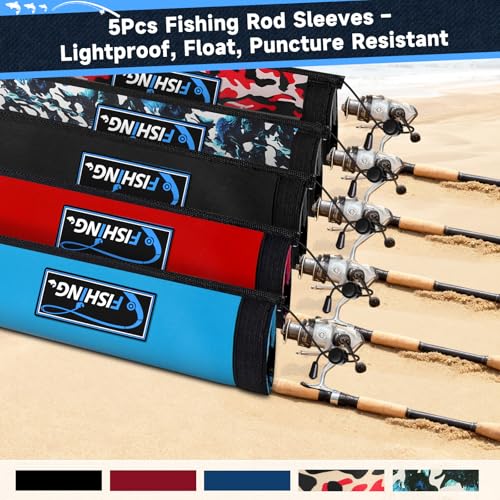 Neoprene Fishing Rod Sleeves for Casting, Spinning, Trolling Pole - Protective Cover Rod Sock with Hanging Loop & Lanyard- Floating, Puncture Resistant, Lightproof - size: 65", style: 5 Pcs