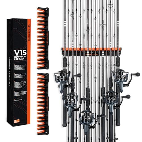 KastKing V15HD Heavy Duty Vertical Fishing Rod Holder – Wall Mounted Fishing Rod Rack, Store 15 Large Rods or Fishing Rod Combos in 18 Inches, Great Fishing Pole Holder and Rack, 2 Packs - color: Black - 2 Pack - Upgraded (Heavy Rod Combo, Store 30 rods)