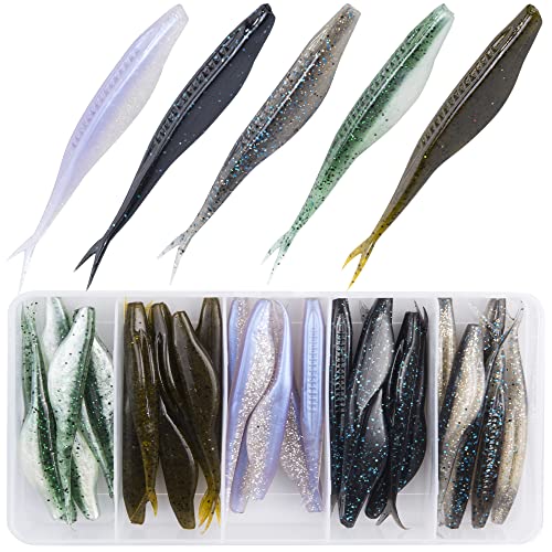 Fishing Bait Soft Plastic Lures 30/50 Pcs, Weighted Hooks 10 Pack & 40-Piece Set, 4in/5in Salty Split Tail Jerk Shad, 3/0 4/0 5/0 Weedless Swimbait Hook for Bass Fishing - color: Set B, size: 5in-30 Pcs