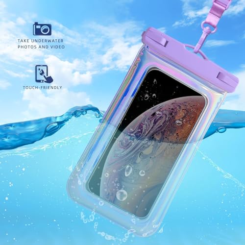 Floatable Waterproof Phone Pouch Case for iPhone 17 16 Pro Max/15/14/13/12, IP68 Travel Cellphone Dry Bag Beach Cruise Ship Essentials Bags with Crossbody Lanyard, Iridescent Purple - 7″ - color: A1-Iridescent Purple