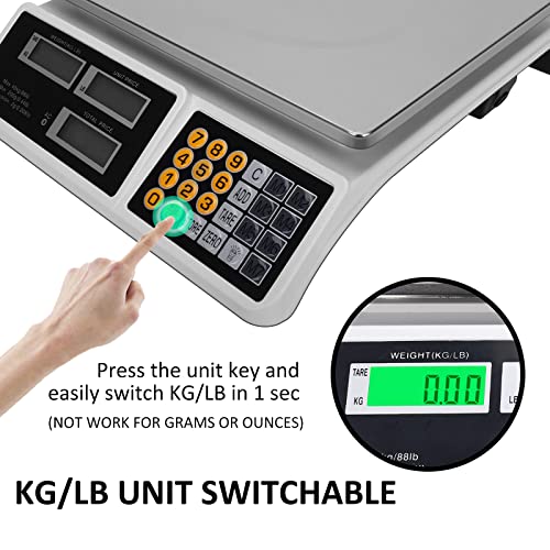 Price Computing Scale 88lb/40kg LCD Digital Commercial Price Scale with Stainless Steel Platform,Produce Scale & Food Scale for Farmers Market, Retail Outlets, Meat Shop (Flat Plate)