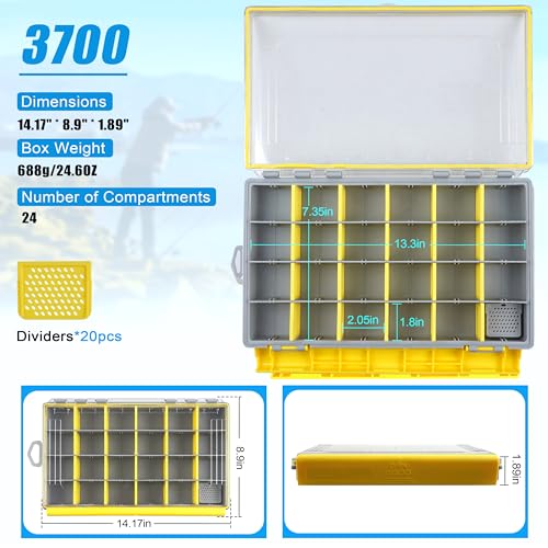 OROOTL Waterproof Fishing Tackle Box Organizer Versatile Storage Organizer Box with Adjustable Dividers Transparent Tackle Boxes Saltwater Freshwater Fly Fishing Accessories Gift for Men - style: 3700 (14.17"x8.9"x1.89")-1pcs