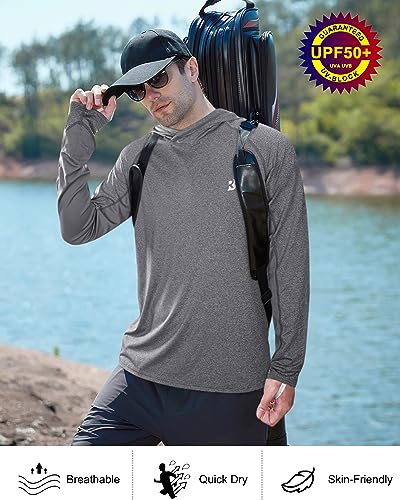 Roadbox Mens UPF 50+ Fishing Shirts, Long Sleeve UV Sun Hoodie, Hiking Running Swim Athletic Workout Shirt - color: A01-dark Gray, size: Small