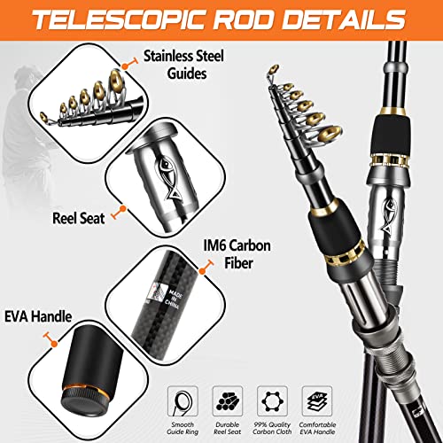 PLUSINNO Fishing Rod, Telescopic Fishing Rod and Reel Combo, Collapsible Travel Fishing Pole Rod Starter Kit, Carbon Fiber Fishing Rods and 12 +1 Bearings Stainless Steel, Fishing Gifts for Men Adults - color: 2PACK Full Kit with Carrier Case, size: 2.1m