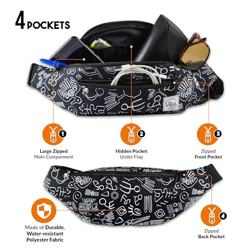 Vibe Festival Gear Rave Fanny Pack for Women Men – Festival, 4 Pockets, Adjustable Strap, Cute Waist Bag, Crossbody Belt Bag, Hiking, Running, Cycling - color: Black White Tribal, size: Fits Most
