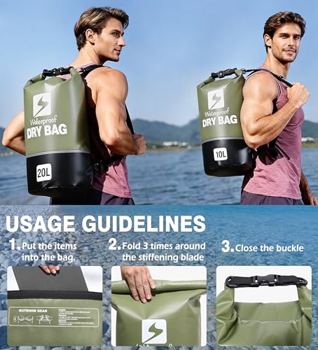 Soulsfeng Waterproof Dry Bag Roll Top Lightweight Dry Backpack for Boating, Kayaking, Travel, Beach, Swimming, Hiking & Camping - Floating Dry Sack with Adjustable Shoulder Straps 20L - color: Green, size: 20L