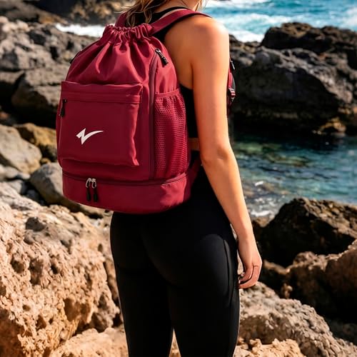 Sport Drawstring Backpack, Gym Bag with Mesh Side Pockets and Separate Shoe Compartment, Water-Resistant (Army-Green) - color: Army-green