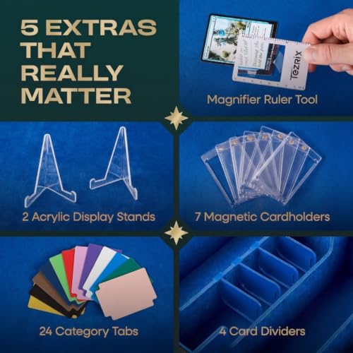 5-Row Mtg Trading Card Storage Box With Display Windows - Magnifier Ruler, 2 Display Stands, 7 Cardholders - 3900+ Card Case With Magnetic Closure, Sports TCG Card Organizer - Blue Card Boxes - color: Black, Blue (5 Row)