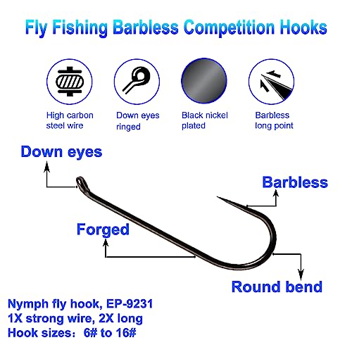 Eupheng 100pcs Plus Best Barbless Competition Fly Fishing Hook Collection, Dry Nymph Strimp&Pupa, Pupa jig Fly Hooks High Carbon Competition Hook - color: Nymph Fly Hook EP-9231, size: 14#