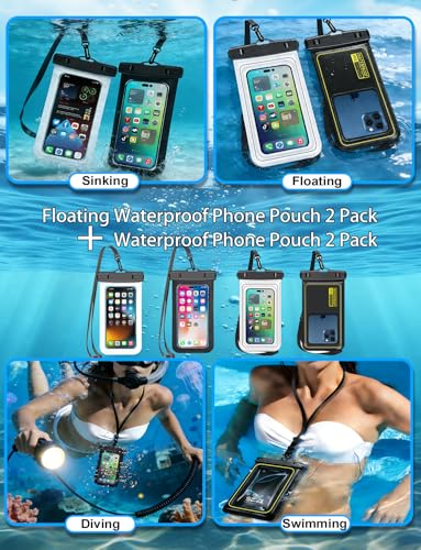 Famoby 4 Pack IP68 Waterproof Phone Pouch (2 Pack Floating and 2 Pack Sinking Waterproof Phone Pouch) Adjustable Neck Lanyard Dry Bag for Apple iPhone,Samsung,and up to 8.5" Black,White - color: 2 Pack Floating and 2 Pack Sinking