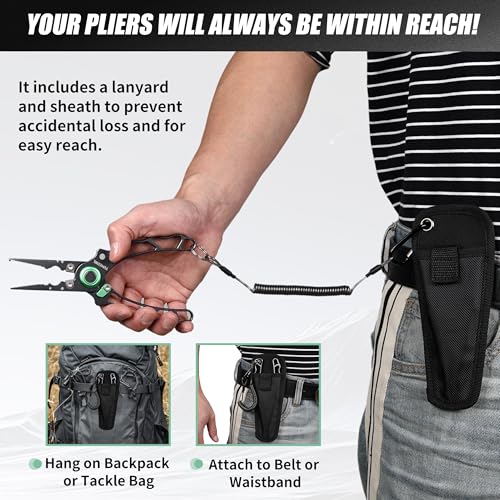 Fishing Pliers with Innovative Ergonomical Handle, Corrosion Saltwater Resistant,Fishing Multitool Hook Remover Braided Fishing Line Cutting, Split Ring with Coiled Lanyard and Sheath - color: Dark Gray-6.6"