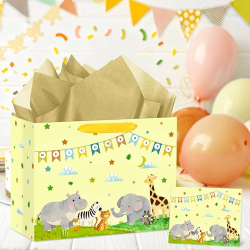 Hooqict Large Baby Boy Girl Gift Bag Baby Shower Wrapping Gift Bag with Handles, Tissue Paper, Greeting Card for Newborn Baby Shower Gender Reveal 1st Birthday Party Favors Supplies - color: Baby