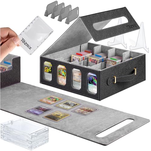 4-Row Mtg Trading Card Storage Box With Display Windows - Magnifier Ruler, 2 Display Stands, 6 Cardholders - 3000+ Card Case With Magnetic Closure, Sports TCG Card Organizer - Gray Card Boxes - color: Black, Gray (4 Row)