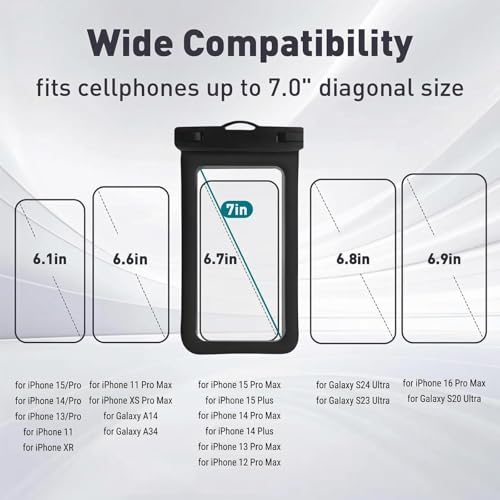 Floatable Waterproof Phone Pouch Case 2 Pax for iPhone 17 16 Pro Max/15/14/13/12, IP68 Travel Cellphone Dry Bag Beach Cruise Ship Essentials Bags with Crossbody Lanyard,Blue and Black-7″ - color: A08-Blue and Black