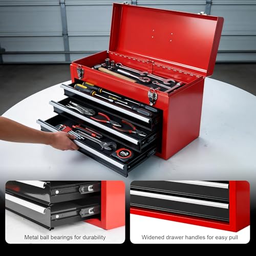 BIG RED Metal Tool Box, 20.5-inch, Portable Metal Tool Box with 4 Drawers, Small Tool Chest with EVA Liners, Ball Bearing Slide Drawers Locking & Powder Coated Finish, Multi-Function Tool Organizer - color: Red&Black, size: 20.5 Inch
