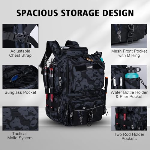 Goture Fishing Backpack,900D Water-Resistant Tackle Backpack with Rod Holders, SBS Zippers,45L Large Fishing Bag Storage Gear Tackle Bag with Rain Cover, Bottle Holder for Travel Camping Hiking - color: A1:60# Camo(Only Bag), size: Without Tackle Boxes