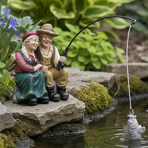 Romantic Older Couple Fishing Statue Outdoor Garden Koi Pond Decoration, Couple in Love Fisher Statues Figurine for Patio, Lawn & Yard Decor, Resin Garden Decoration, Elder Lover Fishing Sculpture - color: Fishing Couple
