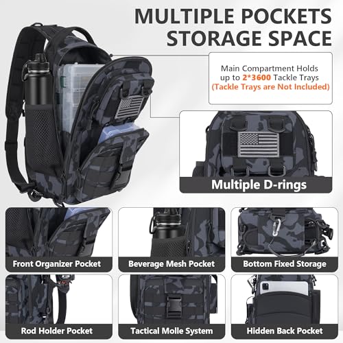 GMAK Fishing Backpack Tackle Sling Bag, Tactical Fishing Tackle Backpack with Rod & Gear Holder, Lightweight Outdoor Water-Resistant Tackle Gear Pack Shoulder Bags for Men Women, Black Camo - color: Black Camo, size: Standard, style: Sling Backpack