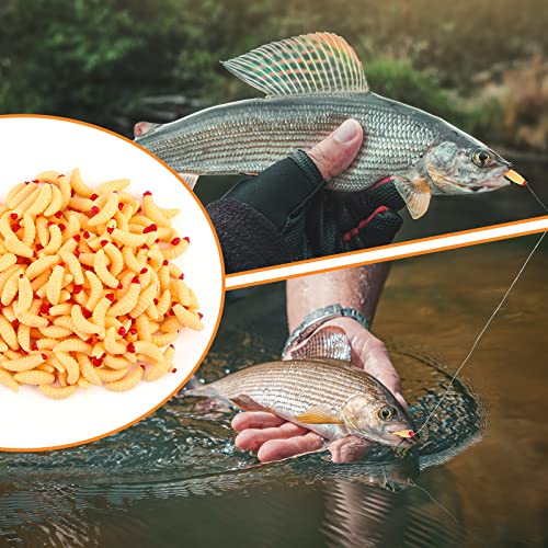 Fabbay 200 Pcs 20mm Soft Maggot Baits Fake Bread Worms for Fishing Lures for Artificial Wax Worms for Freshwater Saltwater Lake Trout Ice Fishing Lure