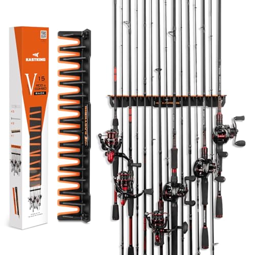 KastKing V15 Vertical Fishing Rod Holder – Wall Mounted Fishing Rod Rack, Store 15 Rods or Fishing Rod Combos in 17.25 Inches, Great Fishing Pole Holder and Rack - color: Black - 1 Pack（Store 15 rods）