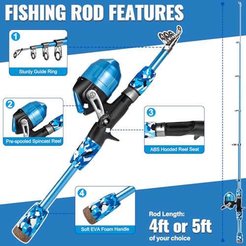 PLUSINNO Kids Fishing Pole with Spincast Reel Telescopic Fishing Rod Combo Full Kits for Boys, Girls, and Adults - color: Blue (with Fishing Net), size: 4FT / 1.2M