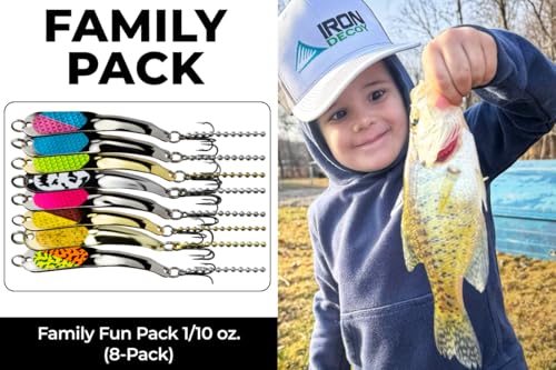 IRON DECOY Spoon Fishing Lures 3-Pack, Multi-Species Metal Spoons for Trout, Walleye, Bass, Salmon, Pike, Ice Fishing & Trolling, Vibrating Spoon Lure Kit - color: Family 8-Pack, 1/10 oz