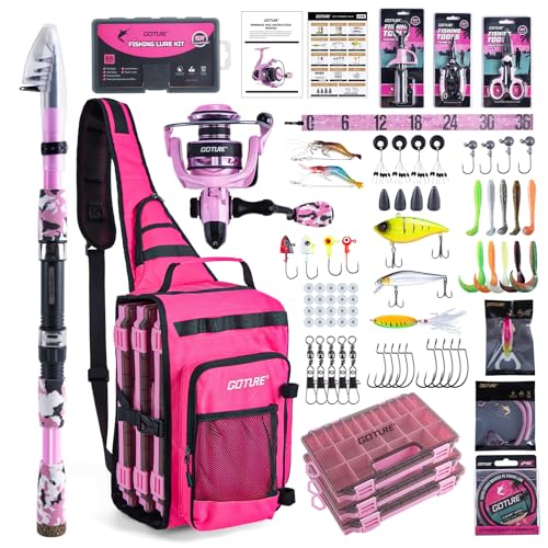 Goture Pink Fishing Rod and Reel Combo - ML Action Spinning Reel Pole with Pink Bag - Telescopic Rod Kit for Starter Travel Saltwater Freshwater, Gift for Woman - color: Pink Pole - Sling Bag with 3600 Trays, size: 6FT/1.8M