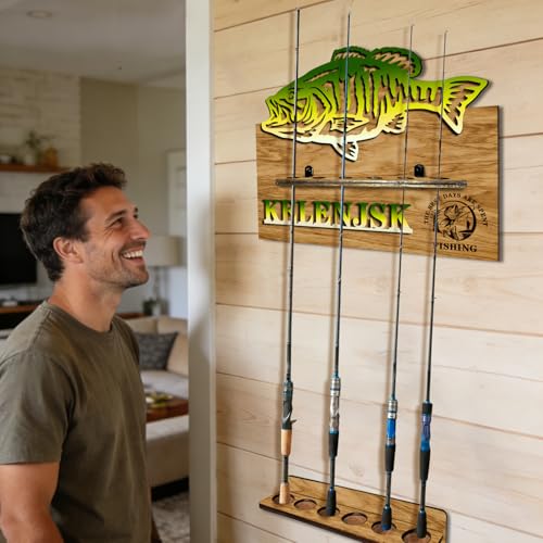 Personalized Fishing Rod Holder Wall Mount Custom Name Fishing Pole Rack for 6 Rods, Wooden Fishing Pole Rod Holders for Garage Storage Organizer Gifts for Men Women (6 Slots)