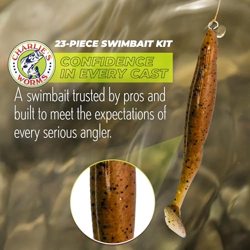 Charlie's Worms Bass Lures Freshwater Fishing Lure - Scented Artificial Softbait for Freshwater & Saltwater Bass Fishing, Swimbait, Softbait - style: Swim Bait Lil Zipper Dipper (23-piece)