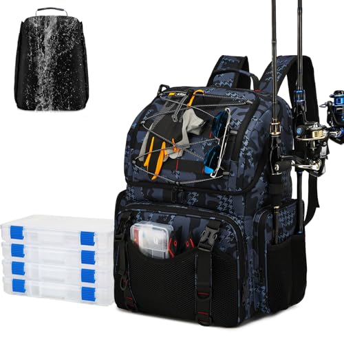 RUCYEN Fishing Backpack, 45L Large Cooler Fishing Tackle bag with Rod Holders & Rain Cover, Water-resistant Store Gear(With 4 Tackle Boxes) - color: Black Camo(With 4 Tackle Boxes)