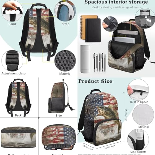 Bass Fishing Backpack 4 Pieces American Flag School Backpack with Lunch Bag Handbag Pencil Case Water Bottle Sling Bag Elementary Middle Rucksack Travel Bookbag - color: American Flag Bass Fish