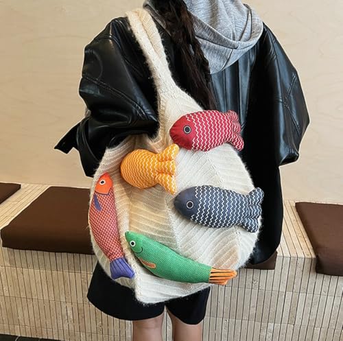 Knitted Beach Shoulder Bag for Women 3D Fish Bohemian Tote Versatile Purse Soft Hobo Handbag for Summer Vacation 2026 - color: E Beige