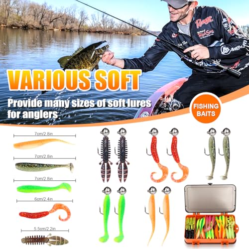 Fishing Lure Kit, 91PCS Fishing Lures Tackle Box Included Tail Swimbaits, Soft Worm Grubs, Crappie Jigs Heads, Fishing Snap Leaders, Fishing Bait Kit for Starter Bass Trout Freshwater Saltwater