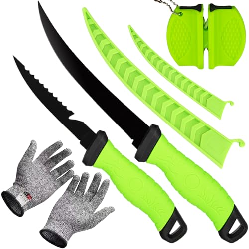 2PCS Fillet Knife Set, 5 & 7 inch Stainless Steel Kitchen Filet Knife for Fish, Fishing Gear, Fishing Tool Set, Fishing Accessories Gift, with Sharpener and Cutting Resistant Gloves, Green - color: 2PCS-Green