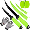 2PCS Fillet Knife Set, 5 & 7 inch Stainless Steel Kitchen Filet Knife for Fish, Fishing Gear, Fishing Tool Set, Fishing Accessories Gift, with Sharpener and Cutting Resistant Gloves, Green - color: 2PCS-Green
