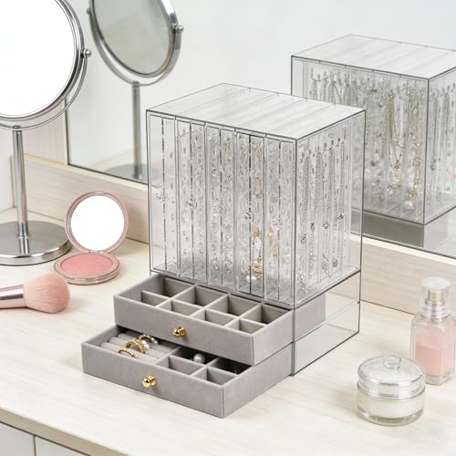 Greenfeather Jewelry Organizers and Storage, Clear Acrylic Jewelry Box with 40 Necklace Hooks 120 Pairs of Earring Holes 2 Velvet-Lined Drawers for Rings Necklaces Earrings - color: Gray-Style A