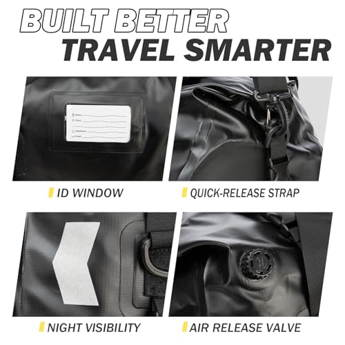 Large Waterproof Duffel Bag 66L - Heavy Duty Dry Bag for Motorcycle Touring, Sailing, Camping - 100% Watertight Travel Duffle Bag Backpack with Air Valve & Reflector - color: black, size: 66L